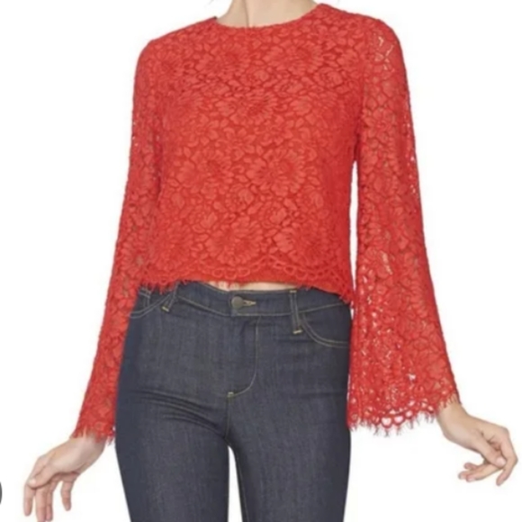 Alice + Olivia Red Pasha Lace Long Sleeve Blouse Size Small Eyelash Cuffs & Hem - Picture 2 of 16